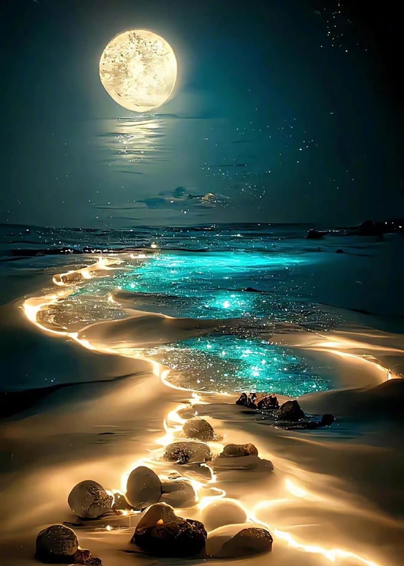KINPLUB Moonlight Beach Diamond مجموعات الطلاء للبالغين 5D Seaside Moon Diamond Art Kits للمبتدئين DIY طلاء الحفر الكامل مع ديكور جدار المنزل الماسي 12 × 16 بوصة - Image 1
